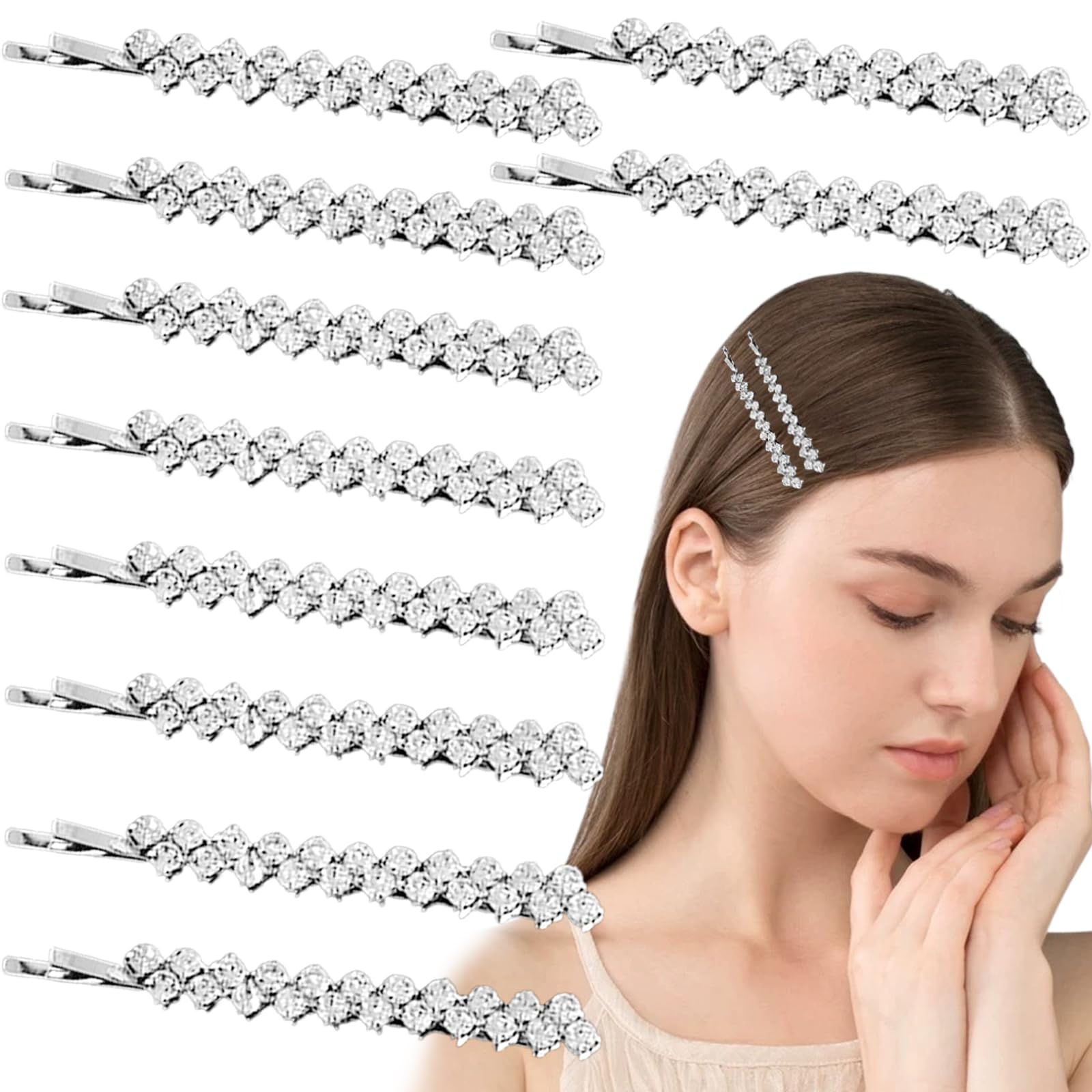 10 PCS Rhinestone Bobby Pins Single Row Slim Diamante Metal Hair Clips Bling Crystal Hair Pin Decorations for Brides Women Girls All kinds of hair (10, Silver)