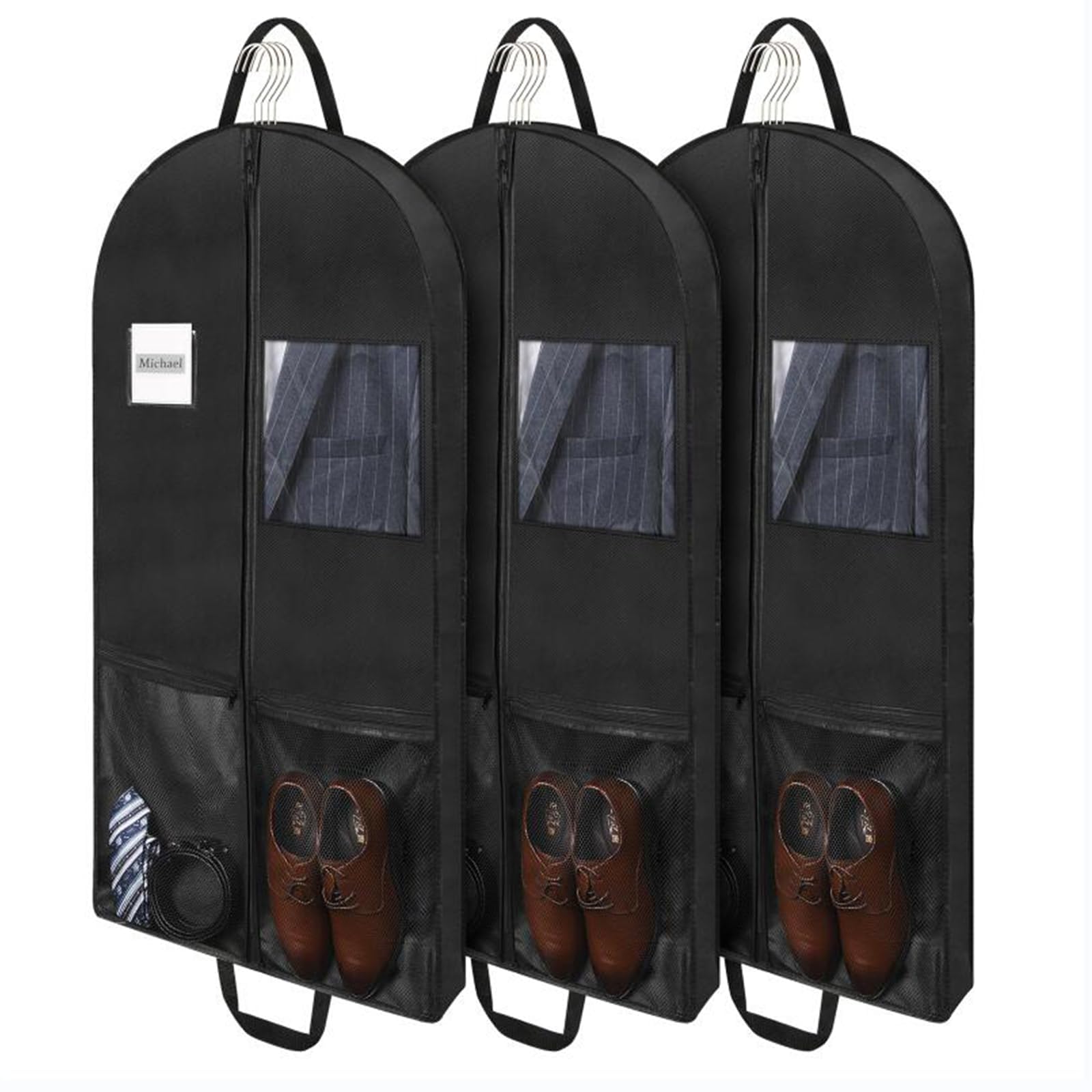 Belinlen 3pack 43" Garment Bags for Travel Hanging Clothes Suit Bag with 4" Gusseted large Suit bag Carrier for Men Breathable Garment Bag with 2 Mesh Pockets and 2 Carry Handles (Black) — image 1