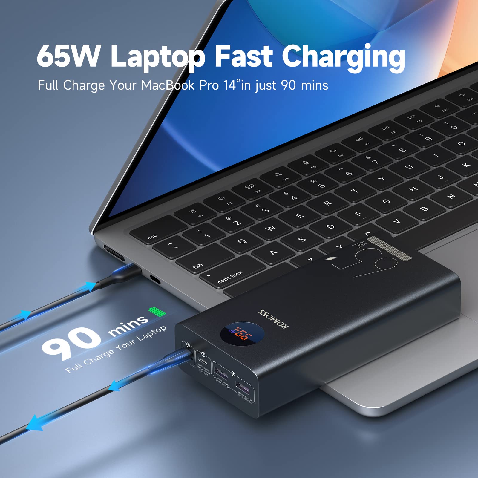 ROMOSS 65W Power Bank 40000mAh USB C PD Portable Laptop Charger, Phone Charger, Fast Charging External Battery for MacBook Air, MacBook Pro, Dell XPS, Apple Watch iPad Pro iPhone 15 and More