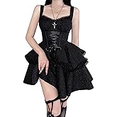 TSMNZMU Womens Pleated Halter Mini Dress Gothic High Waist A-Line Dresses Double Layer Laced Cross Fairy Dress Bandage Black
