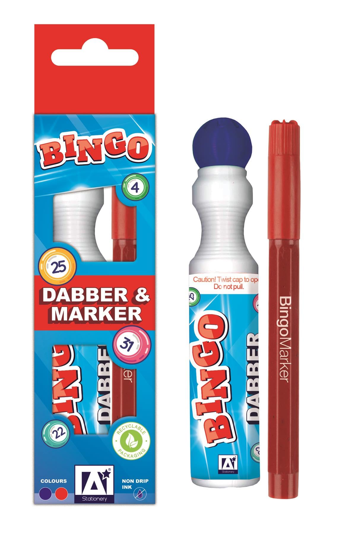 A* Stationery Bingo Game Dabber & Marker Pen No Drip Red & Blue For Bingo Tickets Pack 2