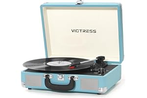 VICTRESS Vinyl Record Player, Portable Suitcase Turntable With PC Recording & Bluetooth Input/Output, 3-Speed LP Player, Built-in Stereo Speakers, RCA, AUX, Headphone Jack, Blue