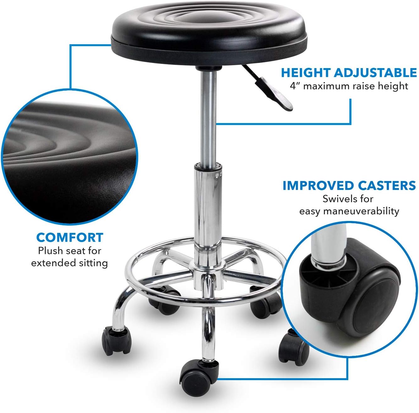 MOUNT-IT! Adjustable Stool with Wheels [Leather Round Cushion] Backless Rolling Doctor Stools, Hydraulic Swivel Chair for Spa, Salon, Medical Office, Tattoo, Home, Car Shop, Massage (Black): Furniture & Decor