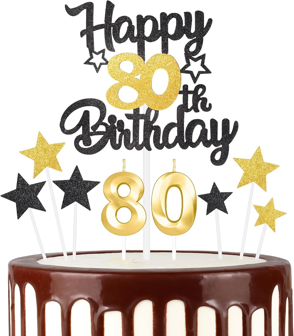 mciskin Black Gold 80th Birthday Candles & Star Toppers Set 9pc