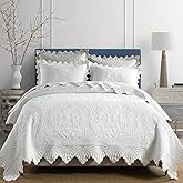 camandy Cotton Quilt Bedding Set Reversible Lightweight Coverlet for All Seasons, 3 Pieces Embossed Floral Solid White Bedspread with Ruffled Edge, Queen Size