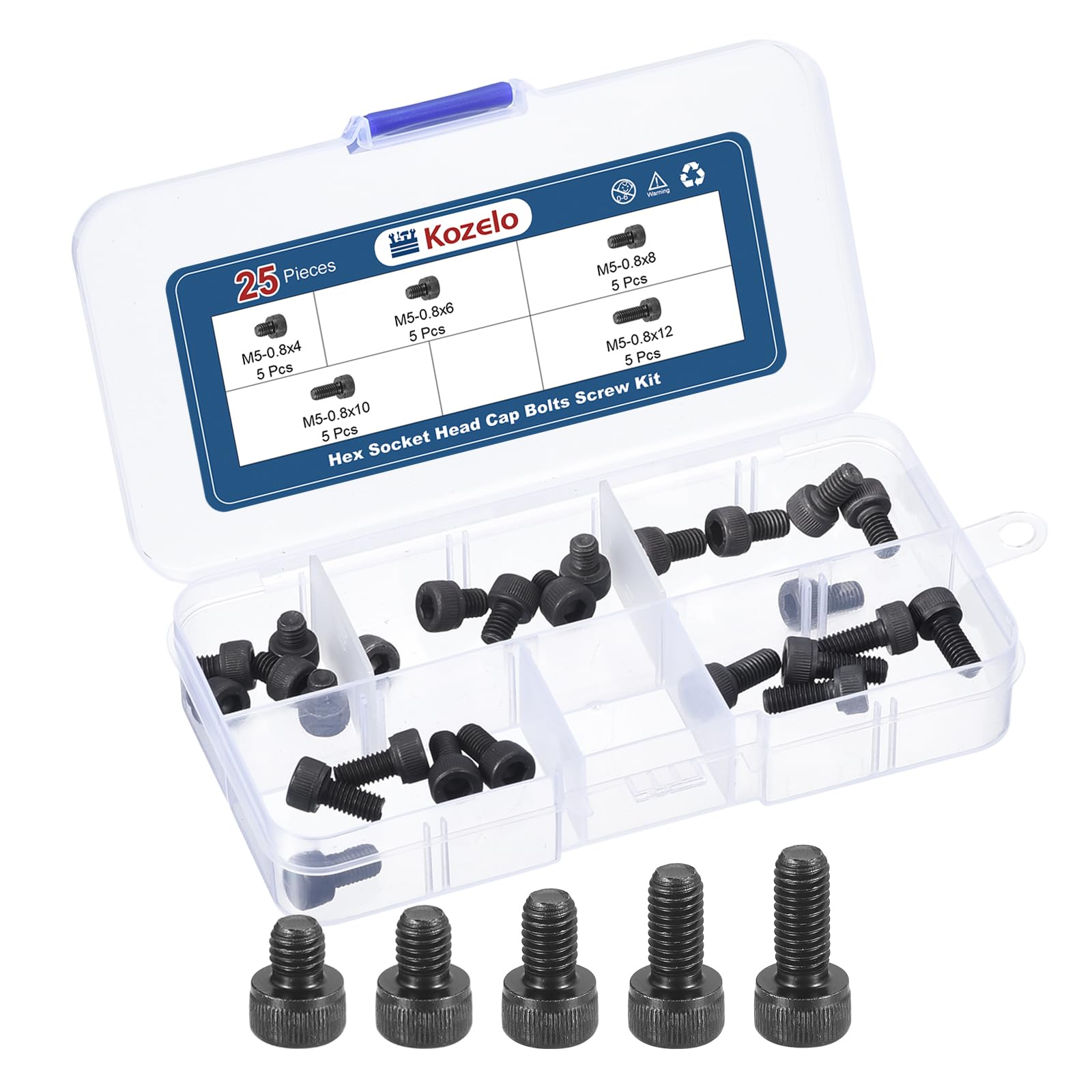 Kozelo 25pcs M5 Socket Head Cap Screws Bolts Nuts Assortment Kit - [M5x4/6/8/10/12mm] Alloy Steel Fully Threaded Black Oxide 12.9 Internal Hex Screws for 3D Printer Use — image 1