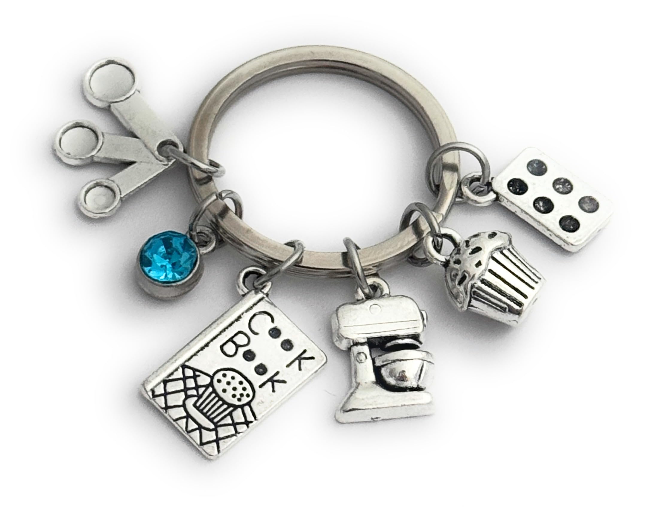 FizzyButton Gifts Baker Baking Lover Keyring Key Ring with Turquoise Rhinestone and Baking Charms - Cook Book, Muffin, Baking Tray and Food Mixer