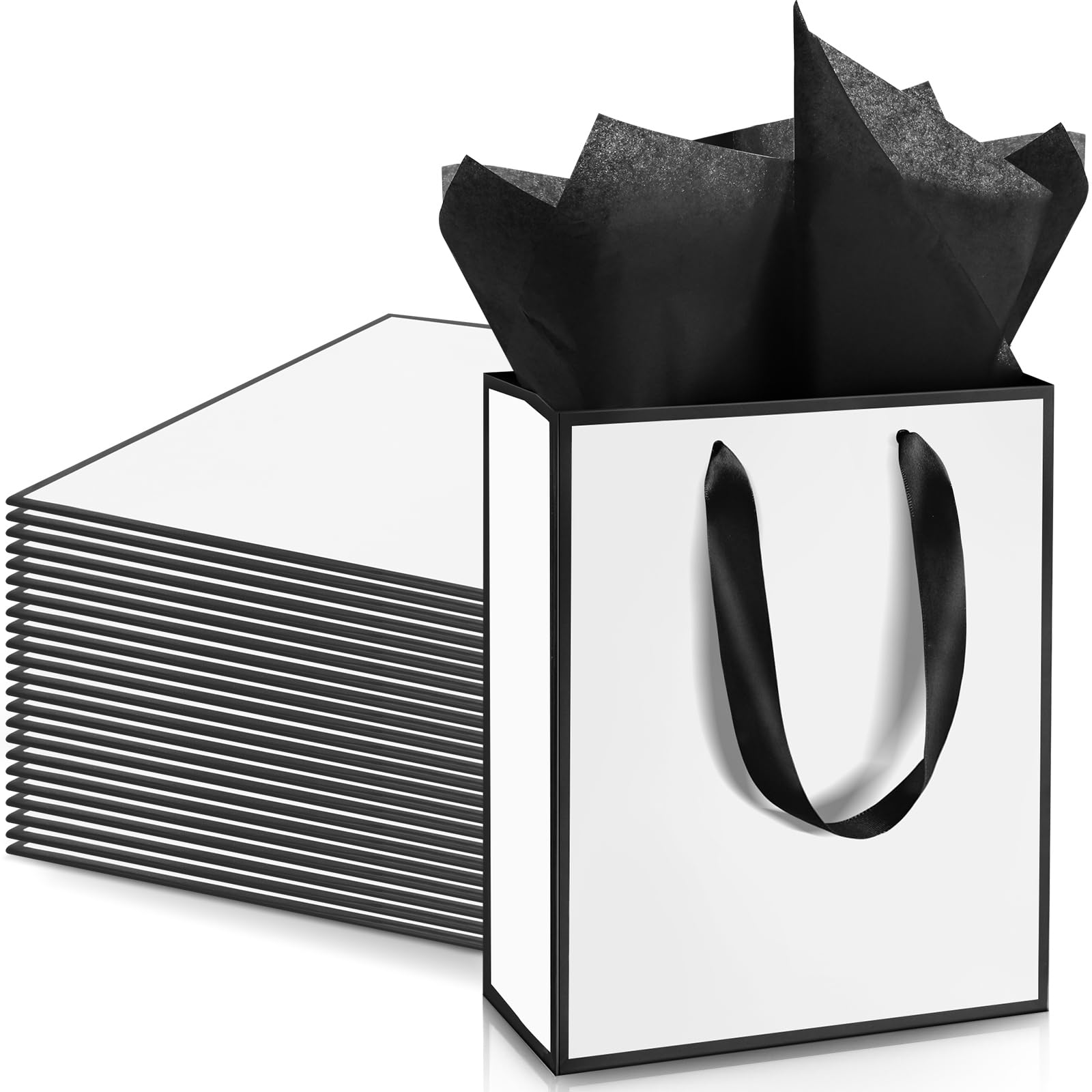 Photo 1 of Yeaqee 24 Pack Metallic Paper Gift Bags with Handle and Tissue 9x7x3.1 Gold Foil Welcome Favor Bags Return Gifts for Wedding Fall 5 Senses Christmas Bridesmaid Birthday(White Black)