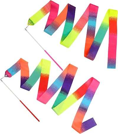 Abeillo 2pcs Rhythmic Dance Ribbons 2M Rainbow Silk Gymnastics Wand