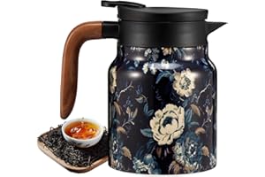 Vintage Pattern Tea Pot, 33oz Insulated Teapot Built-in Infuser, Stainless Steel Thermal Coffee Carafe with Comfortable Handl