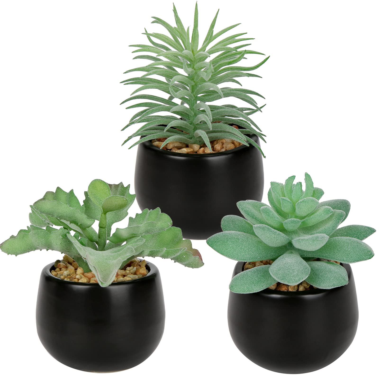 Hollyone 3 pcs Fake Succulent Plants Artificial Succulents in Black Ceramic Pots, Faux Flocking Succulents for Room Home Bathroom Bedroom Office Kitchen Living Room Desk Decoration