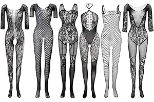 FEPITO 6 Set Women Stockings Lingerie Lace Fishnet Bodysuits for Lingerie Party Date Wearing Black
