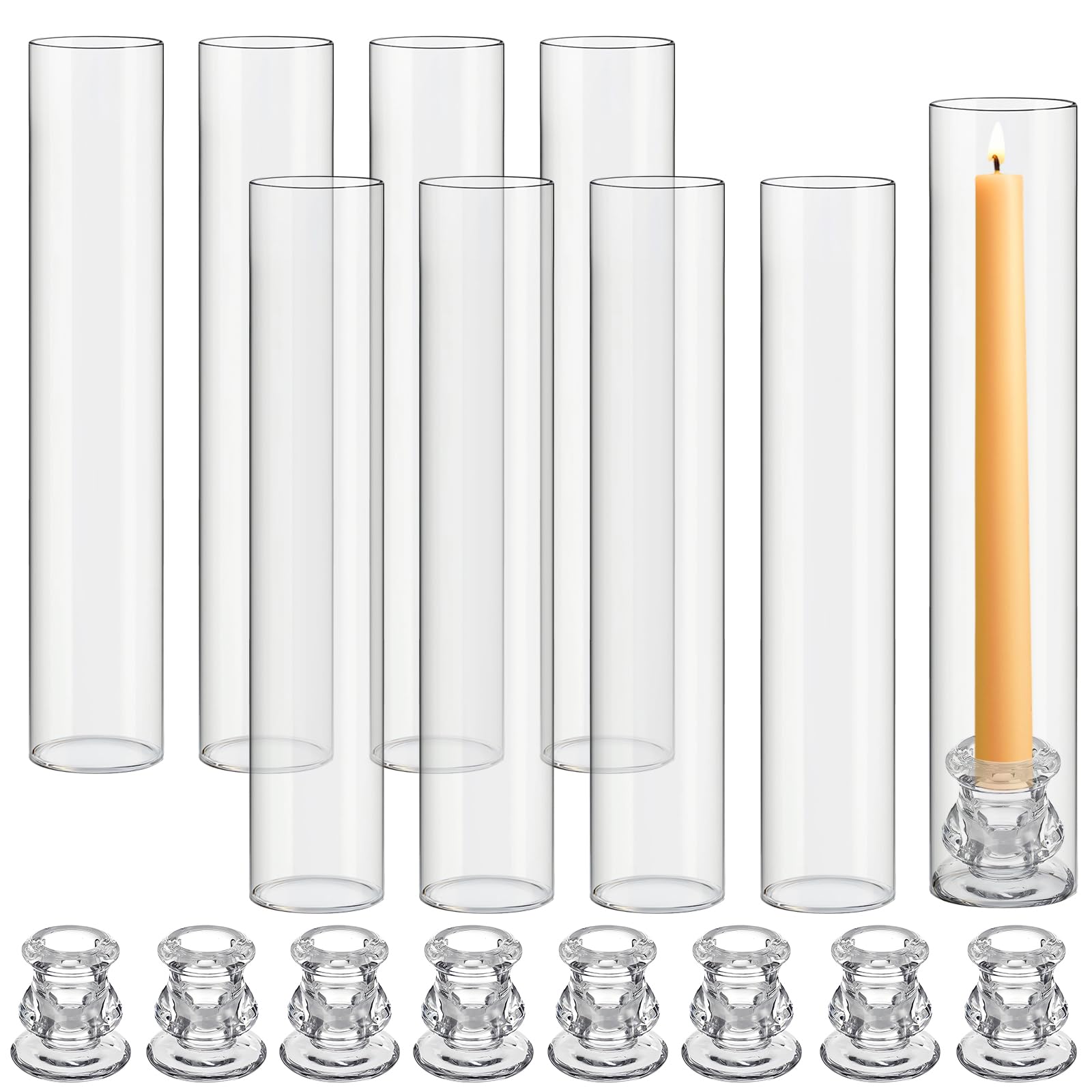 Photo 1 of Teenyyou 8 Set Glass Hurricane Candle Holders 12.6" Open Ended Glass Candleholder Tube Shape Bottomless and 2.2" Taper Clear Candlestick Holders for Wedding Party Table Centerpiece (Clear)