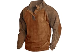 HTHLVMD Mens Corduroy Shirt Button Up Pullover Mock Neck Long Sleeve Sweaters Polo Sweatshirts with Elbow Patches