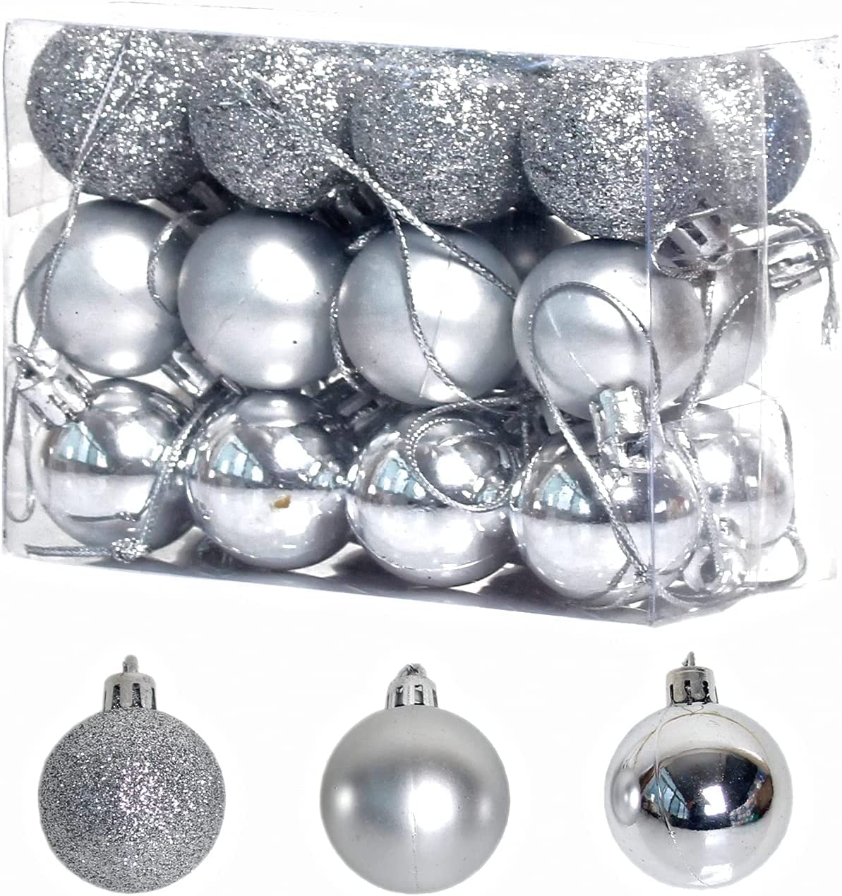 BSTMOME 24 PCS 3CM Christmas Balls, Party Ornaments, Shatterproof Ball Hanging for Xmas Tree Party Decoration Frosted Ball, Matte, Shiny (Silver)