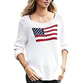Women American Flag Sweater 4th of July Long Sleeve Crewneck USA Sweatshirt Vintage Hollow Out Knit Pullover Tops