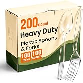 200 Count Plastic Silverware Heavy Duty, 100 Spoons &amp; 100 Forks, BPA-Free | Heat Resistant Clear Plastic Forks &amp; Spoons, Disposable Cutlery Set for Catering, Events, Daily Use