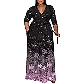 Runwind Plus Size Maxi Dresses for Curvy Women, 3/4 Sleeve V Neck Long Printed Dress with Belt Casual Dress with Pockets