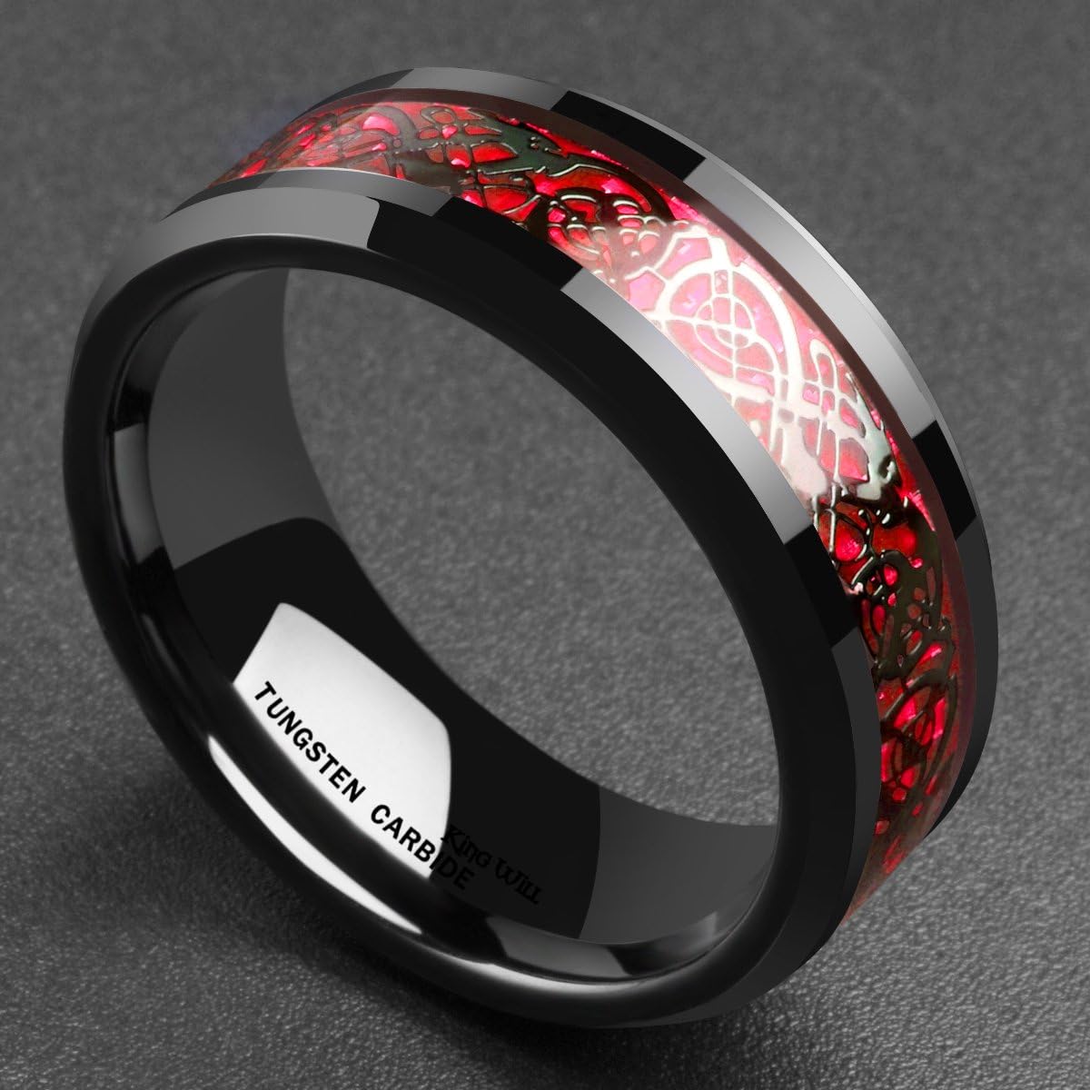 King Will Dragon 8mm Red & Black Celtic Dragon Tungsten Carbide Mens Wedding Band Ring Comfort Fit 12.5, Black - Red 8mm, Z(68.47mm) - Image 3