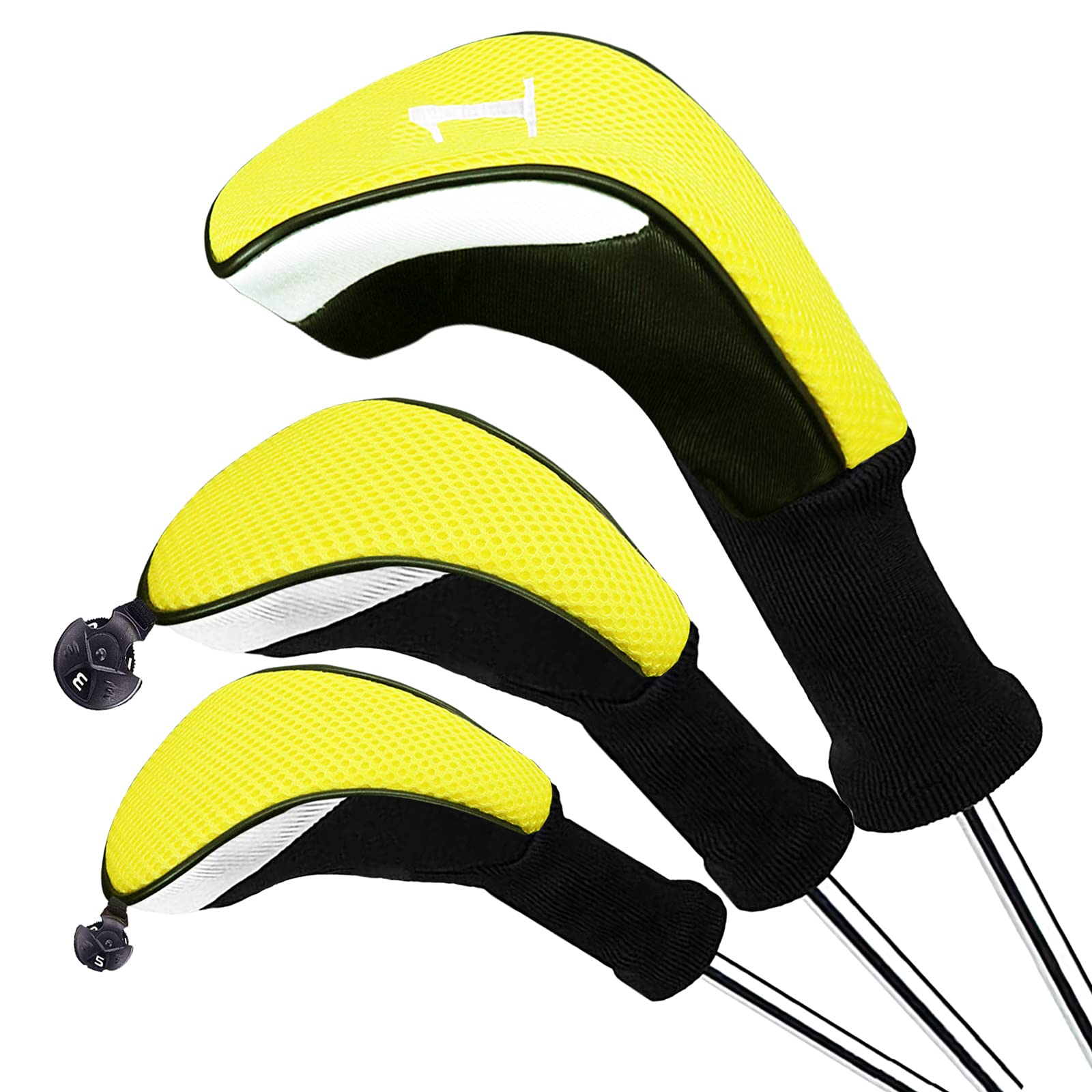 FINGER TEN Golf Club Head Covers for Woods Long Cover Driver Hybrid Fairway, Headcovers with Interchangeable No. Tag Novelty Durable Fit Woods Clubs (Yellow-3 pack (1 Driver& 1 Fairway&1 Hybrid))