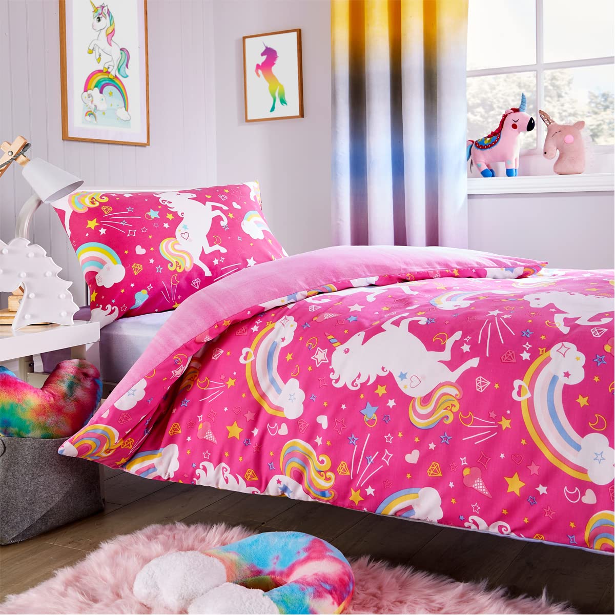 Olivia Rocco Unicorn Rainbow Duvet Cover Set Quilt Duvet Cover Pink with Pillow Case Kids Bedding Set Soft Easy Care Kids Children's Bedding Quilt Bed Cover (Single Duvet Cover Set)