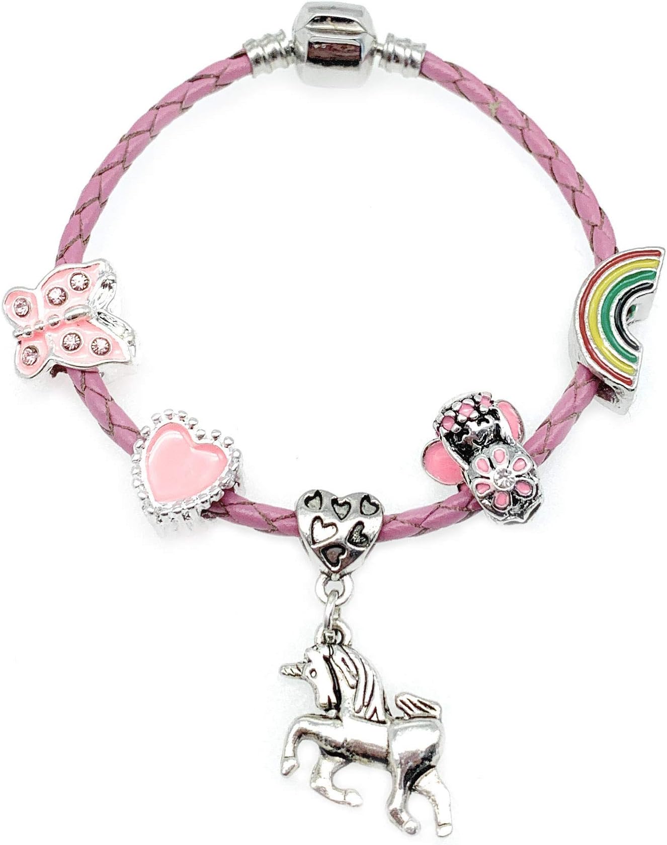 Children's Pink Leather 'Unicorn' Charm Bracelet with Gift Box Girls Jewellery