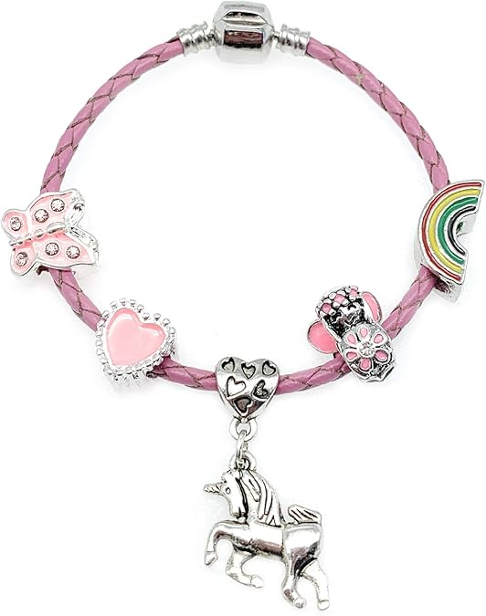 Children's Pink Leather 'Unicorn' Charm Bracelet with Gift Box Girls