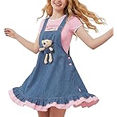 CutiePlusU Women's Suspender Overalls Dress Blue Suspender Dress with Plush Doll