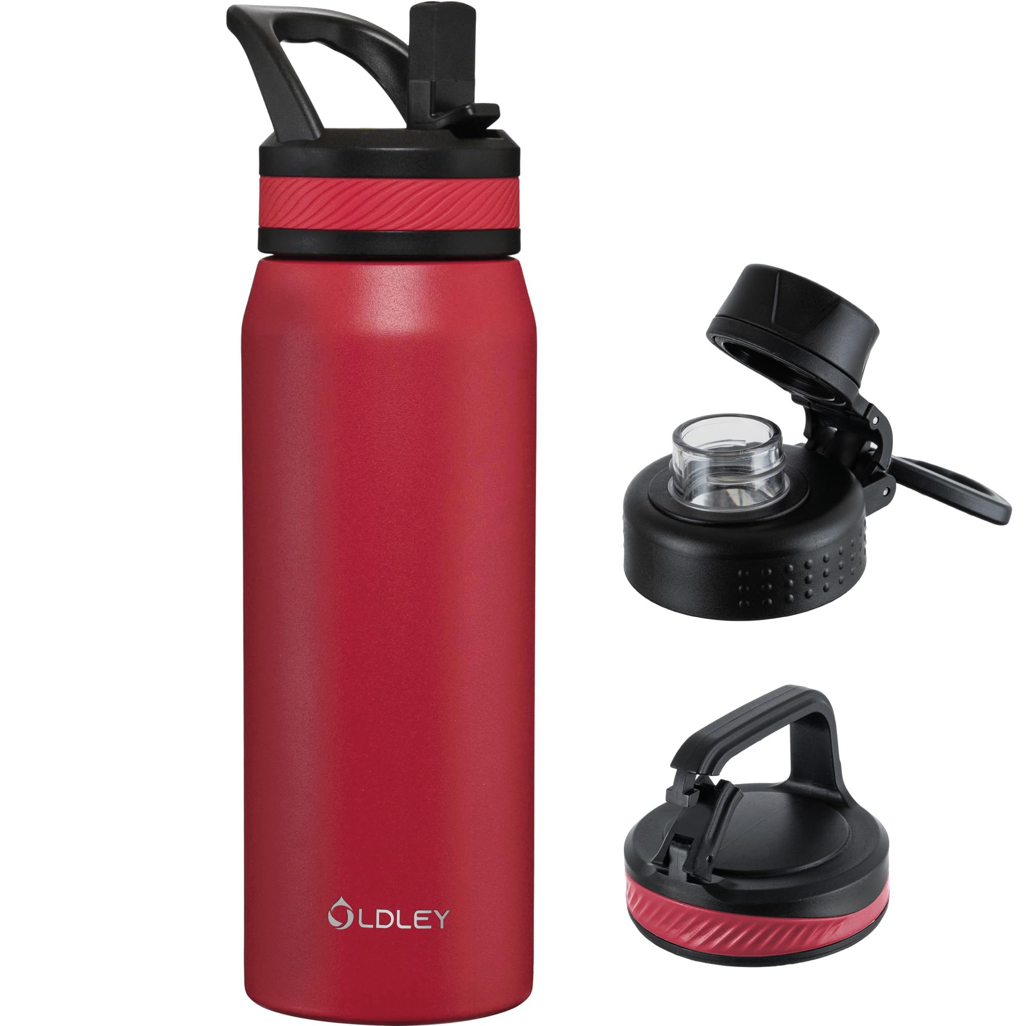 Photo 1 of **NEEDS NEW LID**OLDLEY 24 oz Insulated Water Bottle With Straw, Stainless Steel Sports Water Cup Flask with 3 Lids(Straw, Spout and Handle Lid) Double Walled Travel Thermal Canteen Mug,Fire Red