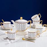 CwlwGO British Bone China Blue Gold Tea Cup &amp; Saucer Set of 4 with Gift Box | Elegant Coffee &amp; Tea Set With Exquisite Gifts Box, Ideal For Women And Adults Afternoon Tea party