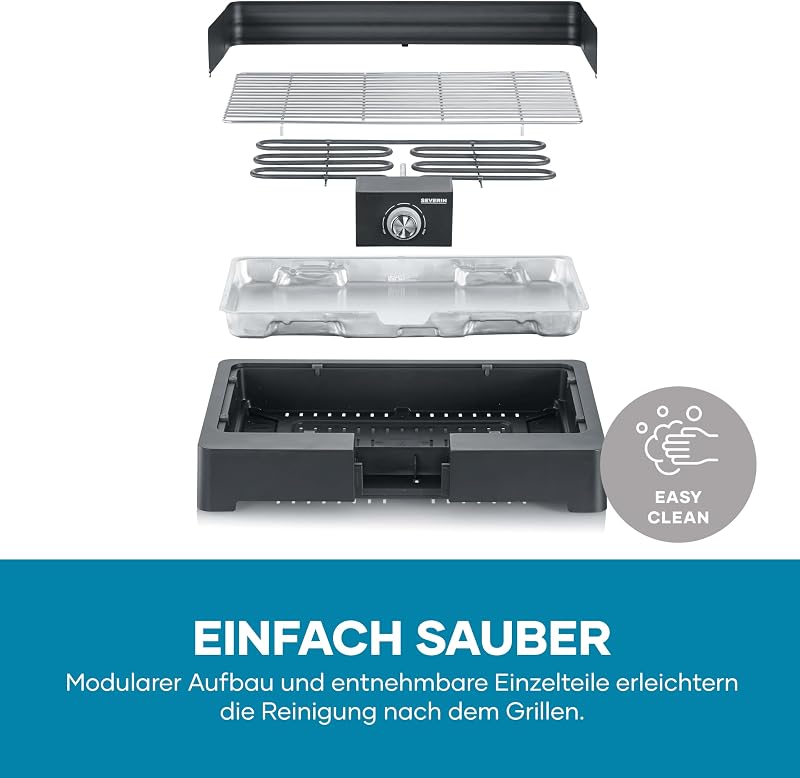 Tischgrill mit Edelstahl-Grillrost für drinnen und draußen, Elektrogrill mit schnellem Grill-Start, Balkon Grill ohne Verbrennungsgefahr, Schwarz, PG 8565
