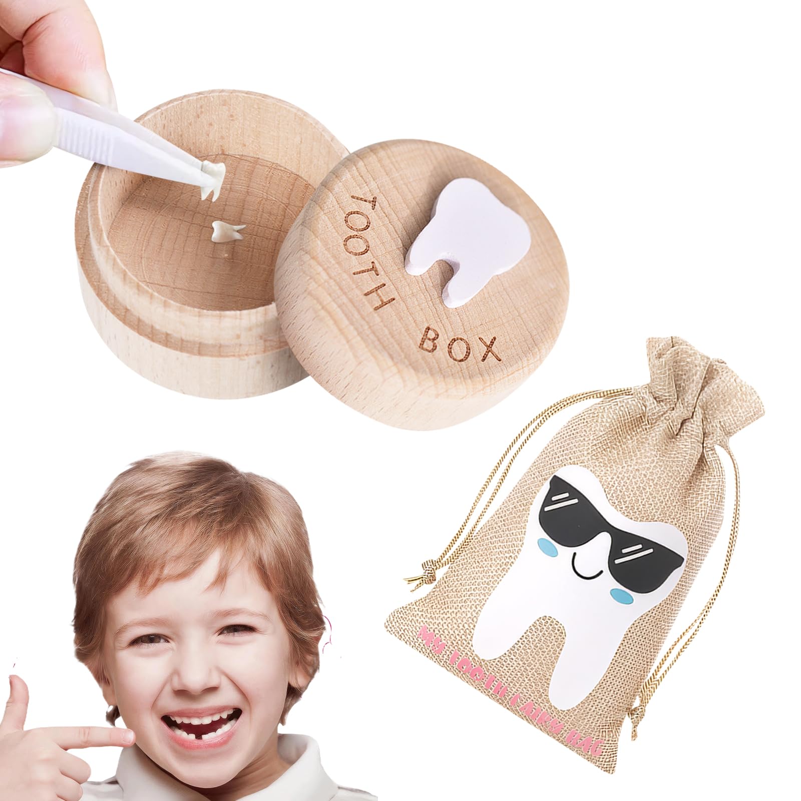 SIWOKJJO Tooth Fairy Box, Tooth Fairy Bag for Boys, Boy Keepsake Organizer, Lost Teeth Holder Box, Tooth Storage Box, Cute Wooden Tooth Fairy Keepsake