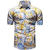 fohemr Mens Black Gold Dress Shirts Luxury Short Sleeve Chain Print Shirt Baroque Casual Button Down Design Buchona Shirts