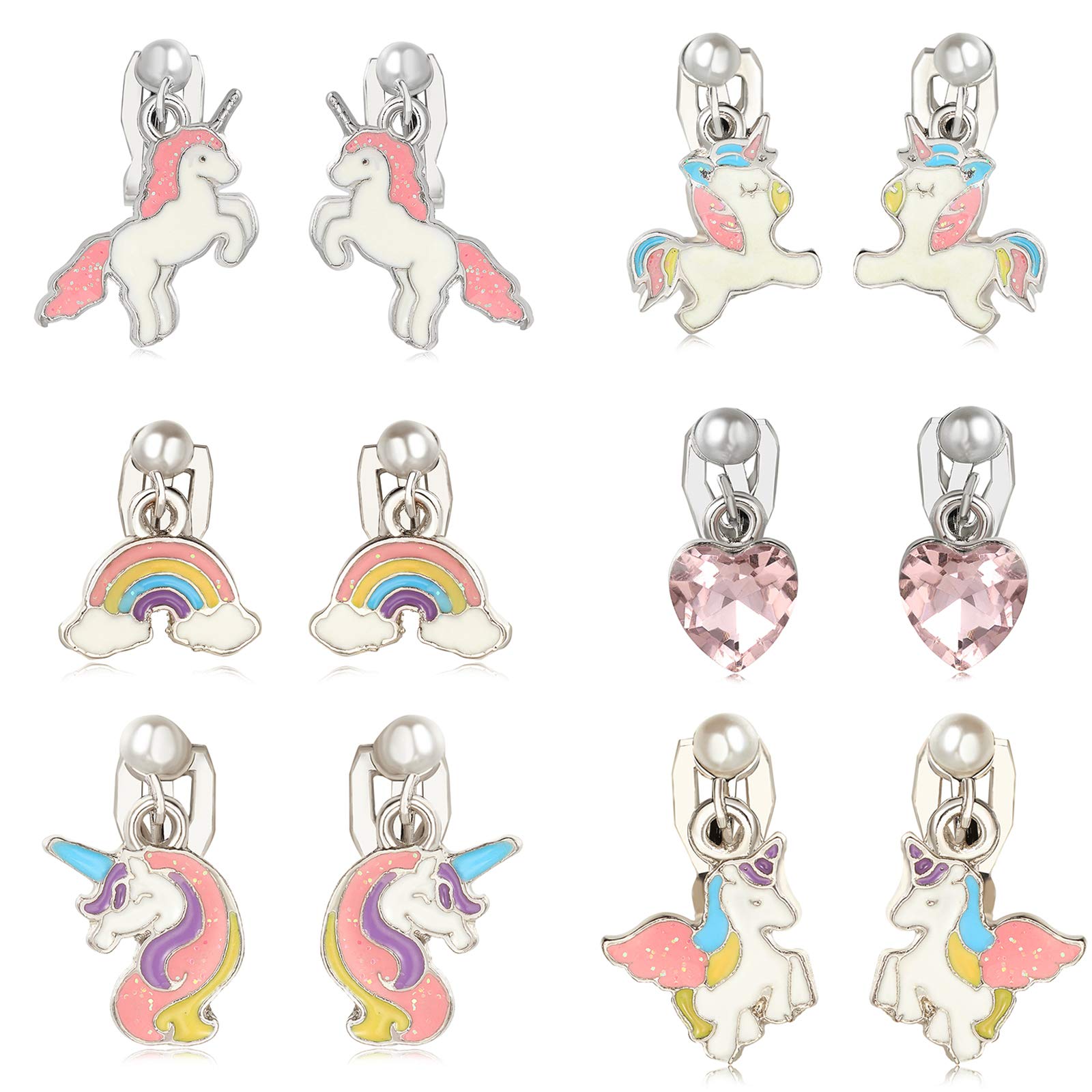 Pinkgarden Clip On Earrings for Girls, Girls Jewelry Dress Up Earrings and Unicorn Rainbow Diamond Earrings Set for Kids, 6 Pairs, Best Gift