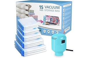 kissleaf 15 Pack Vacuum Seal Bags for Clothing with Electric Air Pump,Space Saver Vacuum Storage Bags for Clothes,Mattress, Blanket, Duvets, Pillows(3 Jumbo/3 Large/3 Medium/3 Small/3 Roll Up Bags)