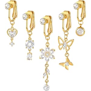 Xpircn 5PCS Fake Belly Button Piercing for Women Clip on Belly Button Rings Heart Butterfly Flower Bow Fake Cubic Zirconia Fa