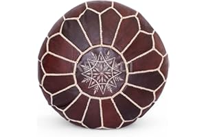 KENZADI Genuine Leather Ottoman Pouf Cover Hand Stitched in Marrakech by Moroccan Artisans, Footstool, UNSTUFFED (Dark Brown)