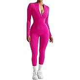 SUUKSESS Women Long Sleeve Ribbed Jumpsuit Zip up Front Workout Bodycon Romper