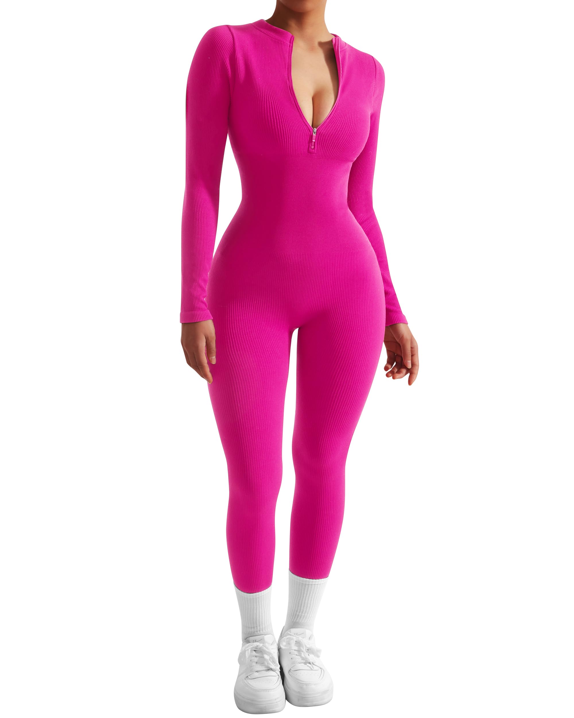 Photo 1 of SUUKSESS Women Long Sleeve Ribbed Jumpsuit Sexy Zip up Front Workout One Piece Bodycon Jumpsuit Romper (Hot Pink, Size Unknown)