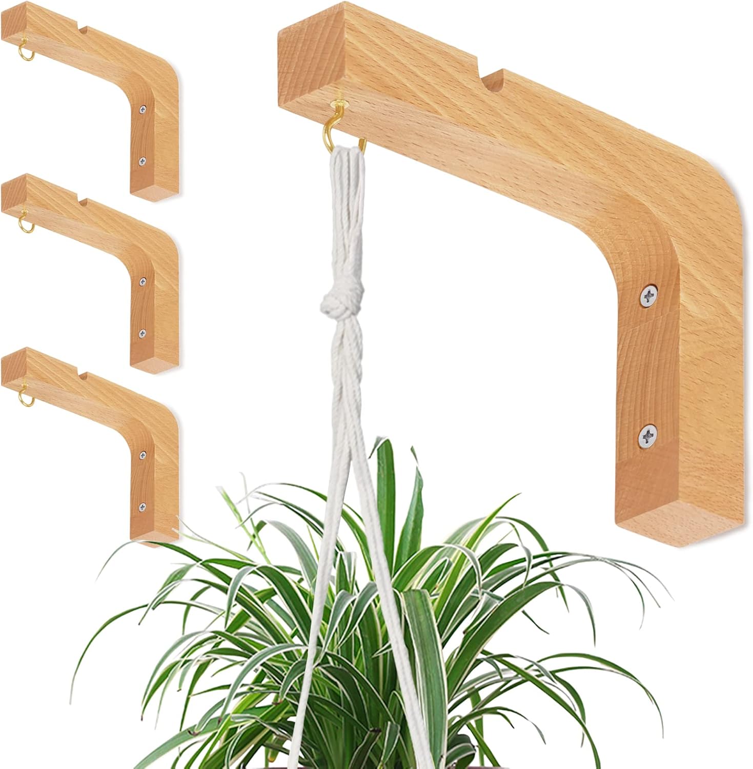 Outdoor Hanging Brackets - 4 Pack Wooden Hanging Plant Hooks, DSVENROLY Premium Beech Wood Wall Plants Hangers Indoor, Decorative Wall Mounted Hanging Plant Bracket Hanger for Planter Flower Basket Pot Wind Chimes Lanterns