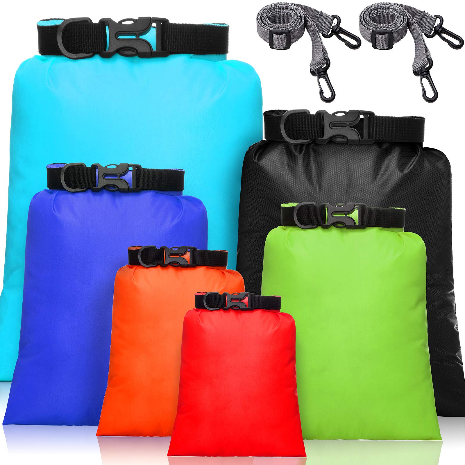 Shappy 6 Pcs 6/12 Pcs Waterproof Dry Bags, Lightweight Outdoor Waterproof Dry Stuff Sacks 15/8/5/4/3/2 L and Long Adjustable Shoulder Strap for Kayaking Rafting Boating Hiking Camping (Colors)