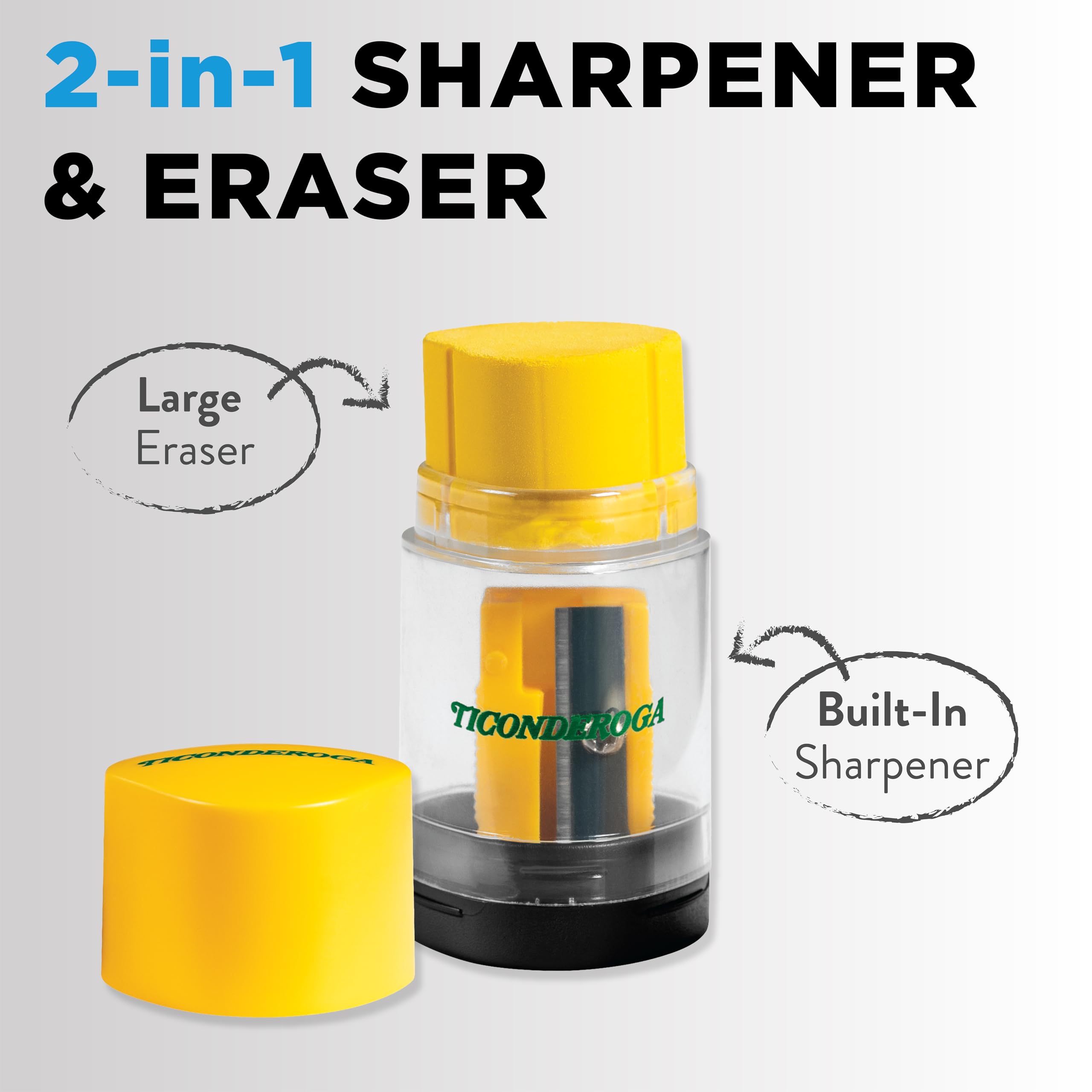 Ticonderoga Duo 2-in-1 Pencil Sharpener & Eraser, Yellow, 6 Count