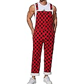 Odefou Checkered Pants Mens Overalls Bib Coveralls Cute Stretch Jeans Jumpsuit