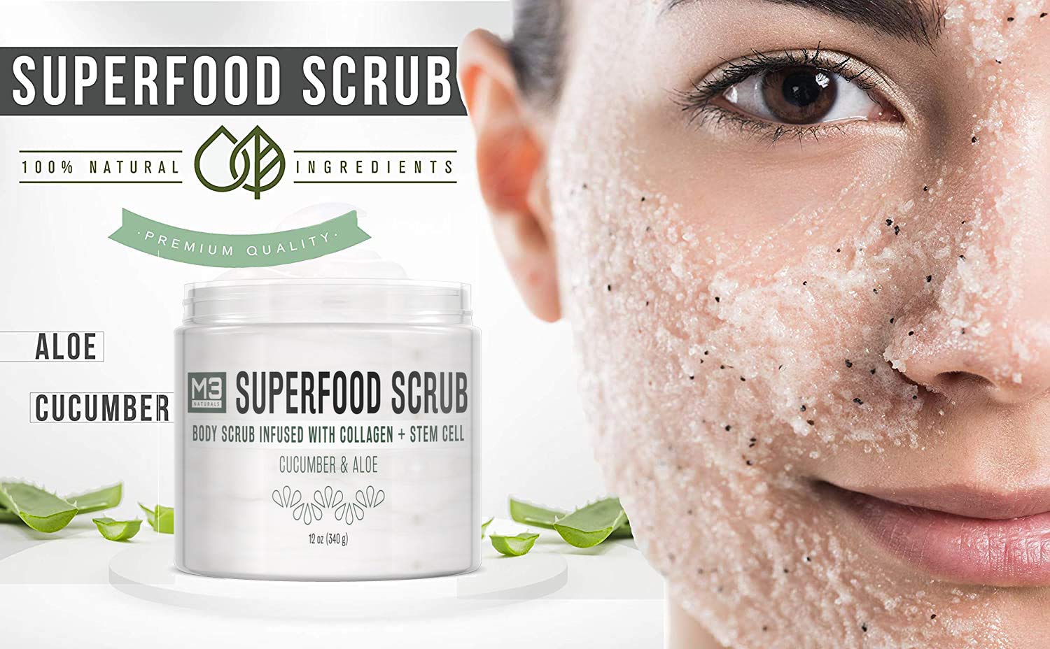 M3 Naturals Superfood Scrub infused with Collagen and Stem Cell Natural Cucumber and Aloe Body Face Wash Exfoliating Facial Cleanser for Acne Cellulite Wrinkles Scars Skin Care 12 oz: Beauty