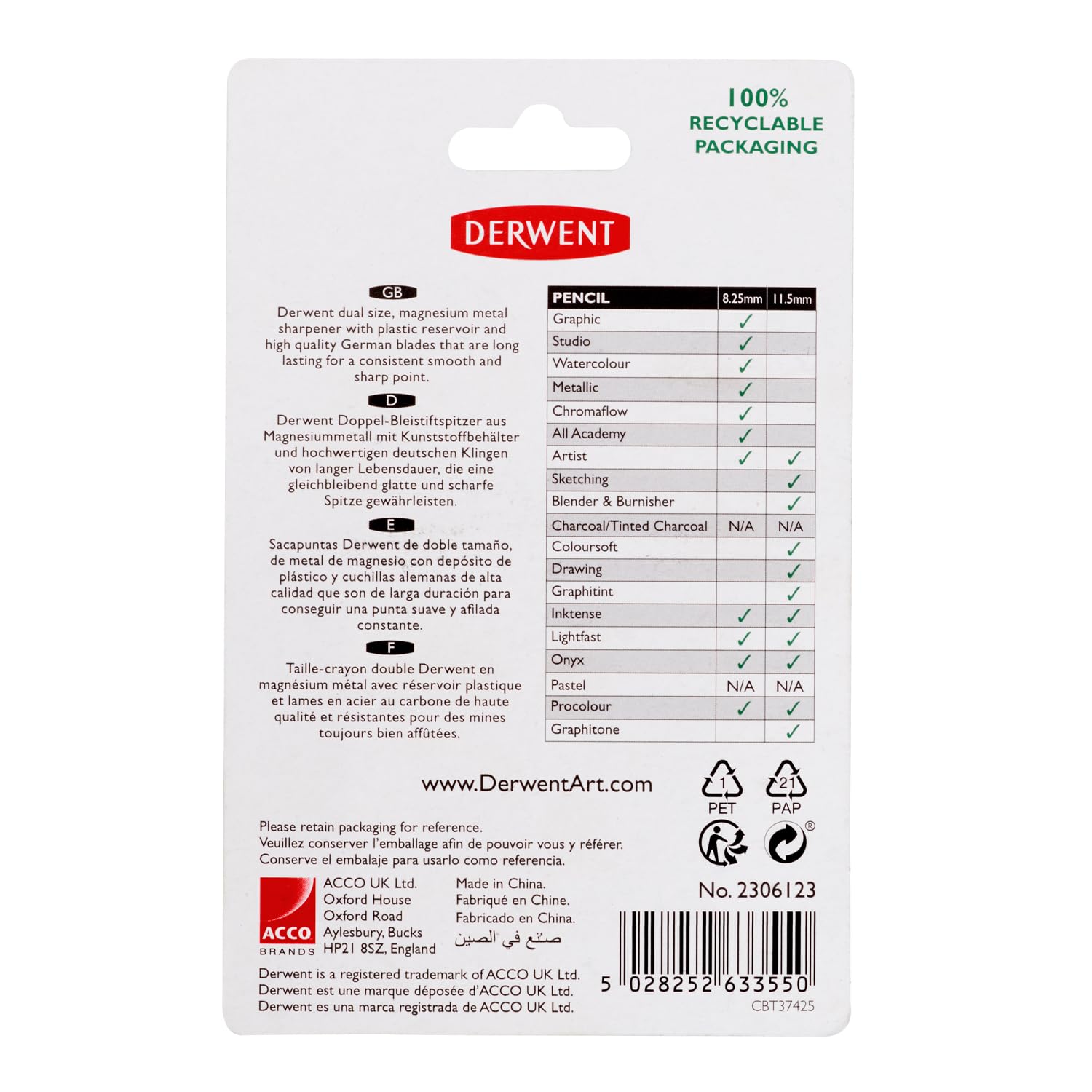Derwent Twin Hole Pencil Sharpener, Black, 11.5mm & 8.25mm