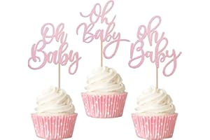 Rsstarxi 24 Pack Oh Baby Cupcake Toppers Pink Glitter Baby Shower Gender Reveal Cupcake Picks for Boy or Girl Theme Baby Shower Kids Birthday Party Cake Decorations