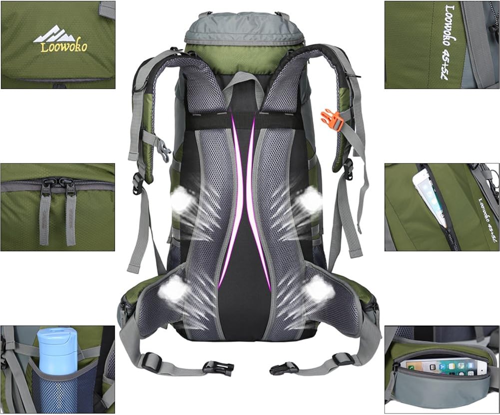 Loowoko Hiking Backpack 50L Travel Camping Backpack with Rain Cover for Outdoor (Green) : Clothing