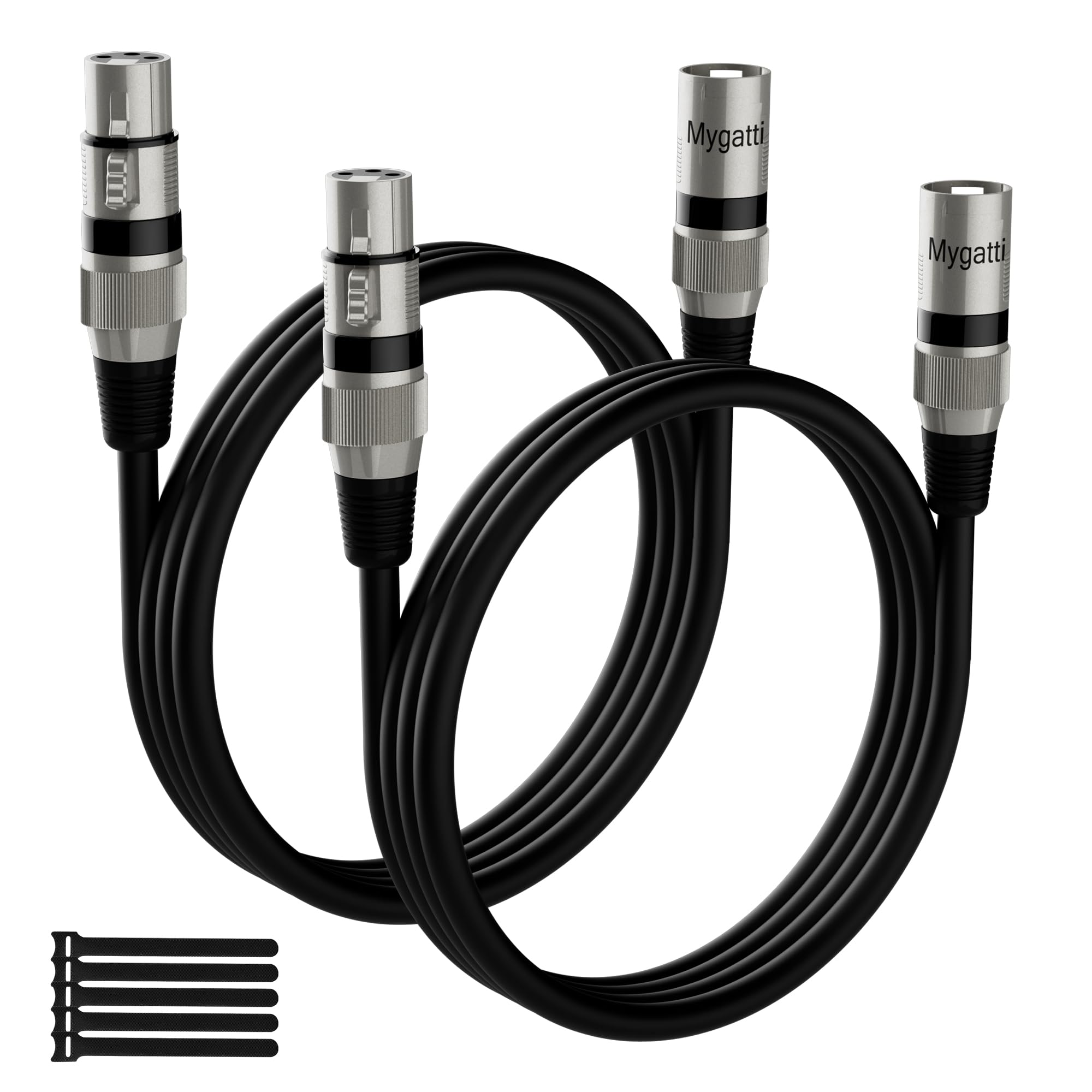 Mygatti Premium XLR Microphone Cable 1.5m/2 Pack,black,Male to Female,3-pin Shielded Balanced,EMI and RFI Suppression, Zinc Alloy Connectors,Compatible with Amplifiers,Speakers + 5 Cable Ties