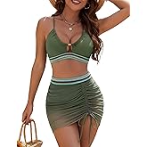 BMJL Womens High Waisted Bikini Sets Mesh Swim Skirt Tummy Control Swimsuits Color Block Bathing Suit 2025