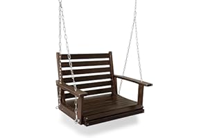 MEGA CASA Wooden Porch Swing, Ergonomic Seat, Bench Swing with Hanging Chains and 7mm Springs, Heavy Duty 880 LBS, for Outdoor Patio Garden Yard (Deep Brown, 1-Seater)